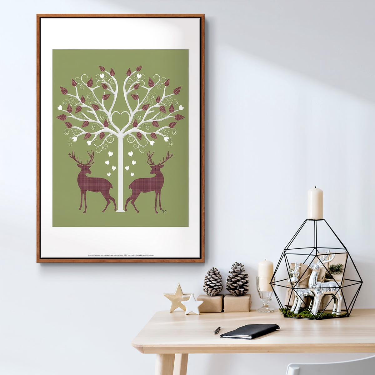 Christmas Des - Deer and Heart Tree, Pink On Green - Framed Gallery Wrapped Holiday Canvas - 25 x 37 - Rosewood Frame