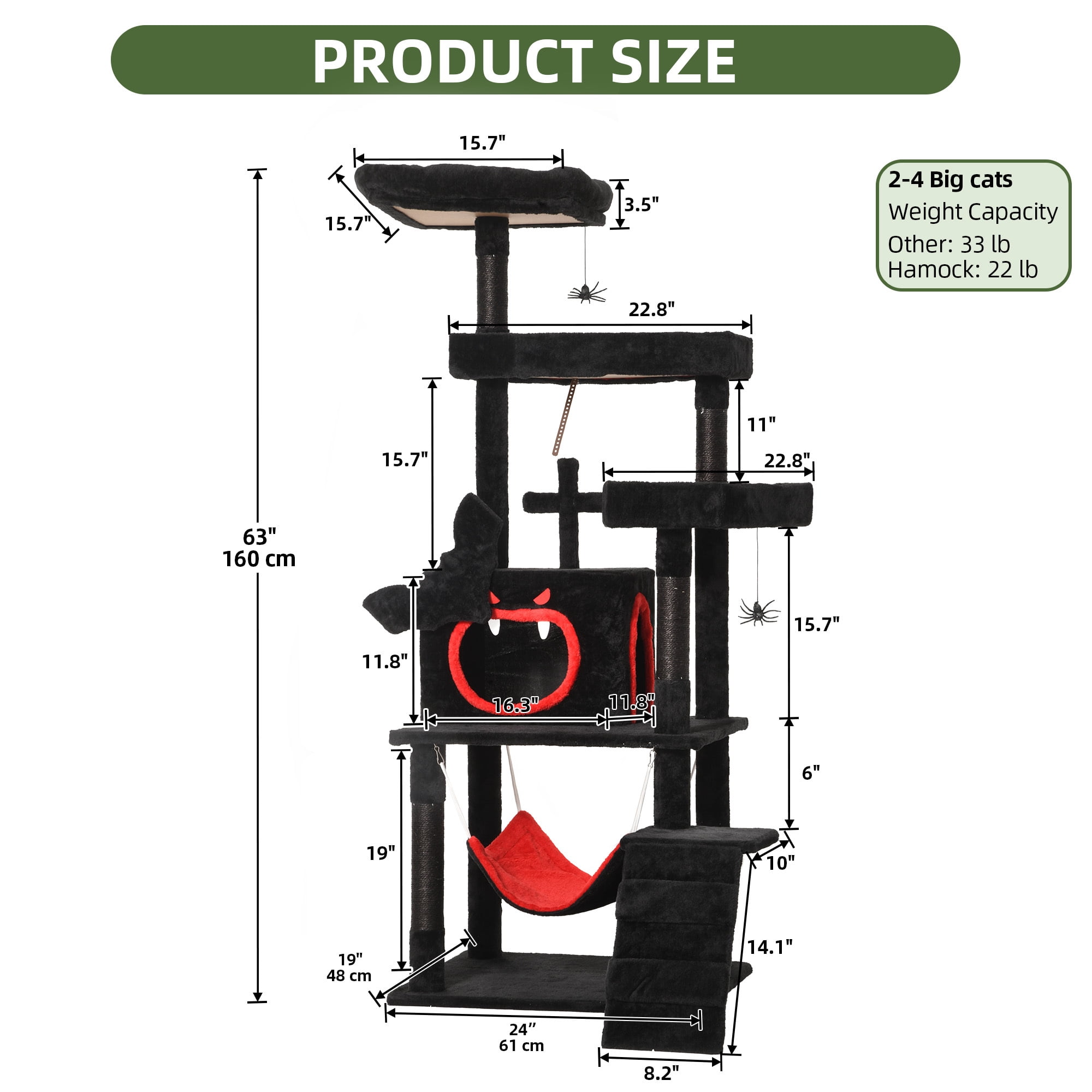Uforic 63in Gothic Cat Tree with Coffin Bed, Tall Halloween Cat Tower for Indoor Cats with Top Perch & Sisal Scratching Posts, Black