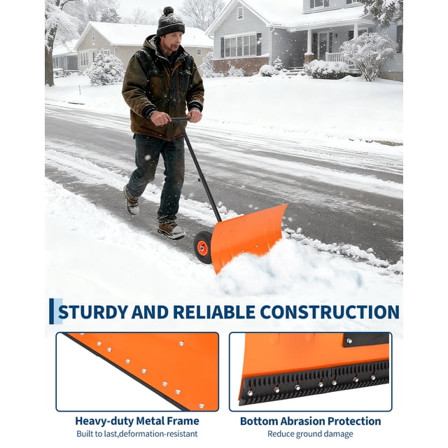 AKDSteel Pelle à Neige en Métal Robuste avec Roues, Lame Inclinée à 5 Positions Réglables et Poignée de Hauteur, Pousseur Ergonomique en Acier, Roues Antidérapantes, Bord en Caoutchouc pour un Déneigement Rapide