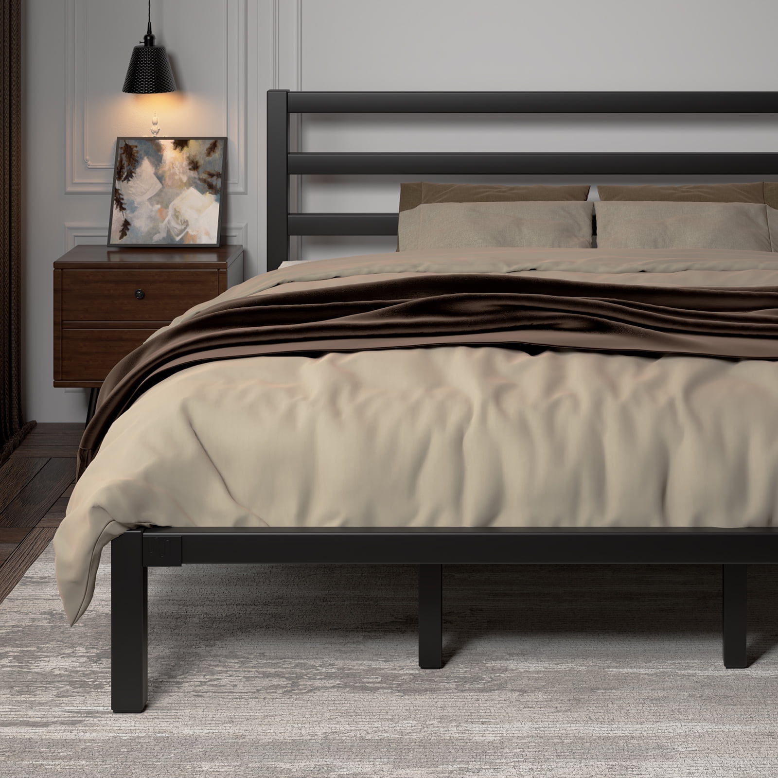 King Size Metal Platform Bed Frame with Headboard, Heavy Duty Steel Slat Support, Under-Bed Storage, No Box Spring Needed, Black