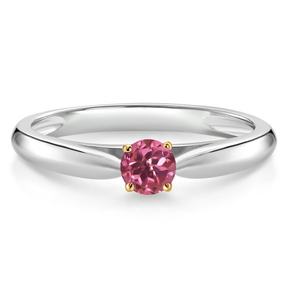 Gem Stone King 0.15 Ct Round Pink Tourmaline 10K White and Yellow Gold Solitaire Engagement Ring (Size 9)