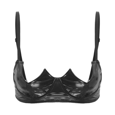 Zaldita Women s V-Notch Underwired Cupless Bra Tops Lingerie Patent Leather Brassiere Clubwear Black XL