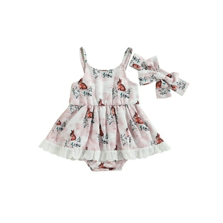 

Eyicmarn Baby Girls Romper Set Spaghetti Straps Rabbit Print A-line Dress with Headband for Easter
