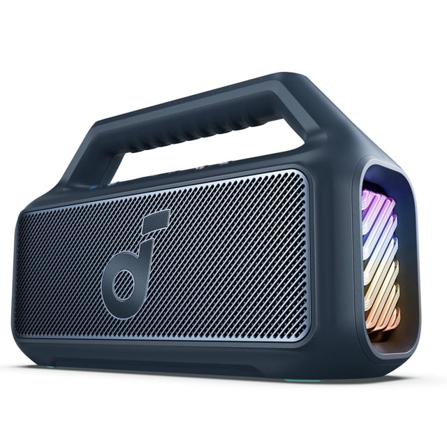 soundcore Boom 2 de Anker, altavoz para exteriores, 80 W, subwoofer, BassUp 2.0, tiempo de reproducción 24 h, resistente al agua IPX7, flotante, luces RGB, USB-C, ecualizador personalizado, Bluetooth