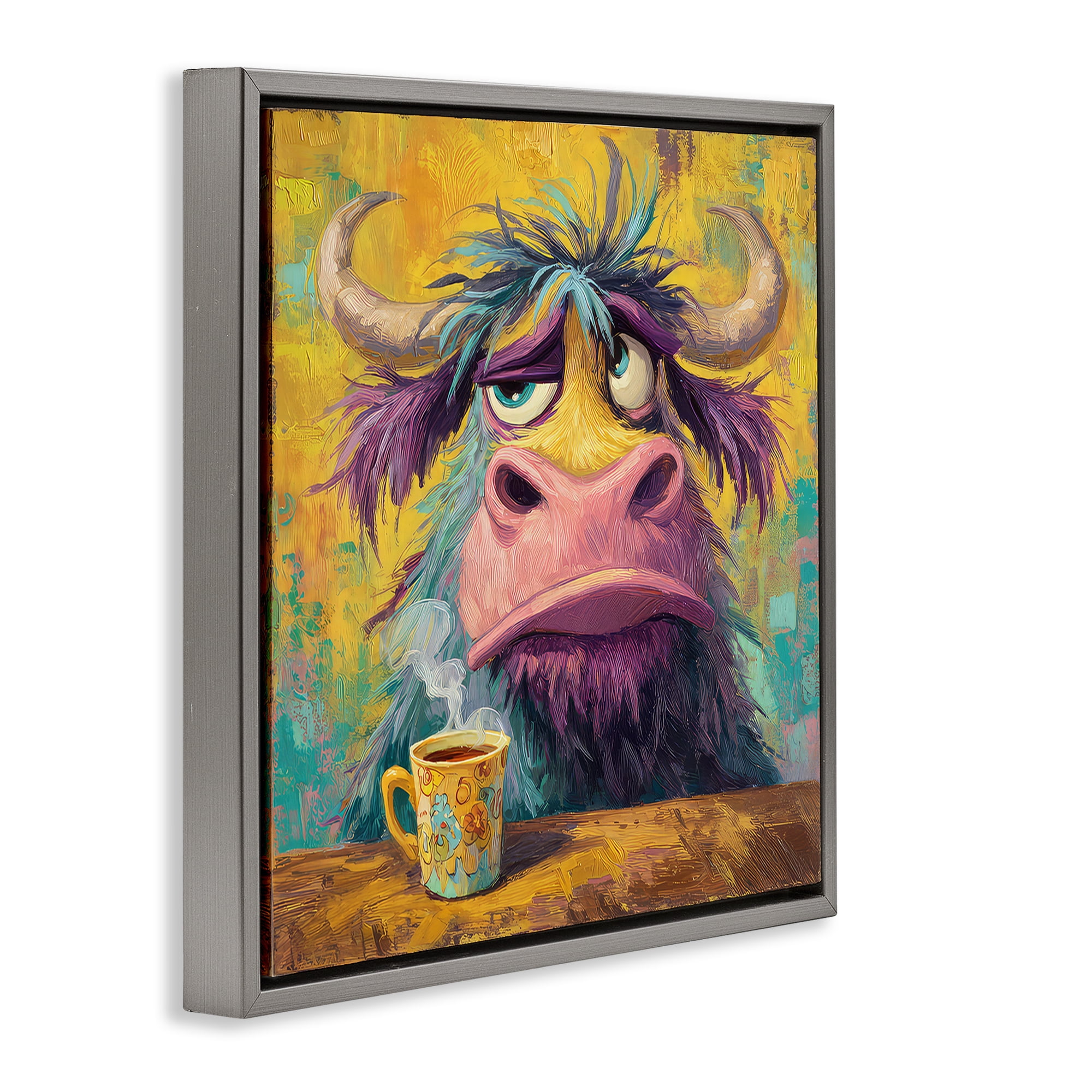 Stupell Industries Grumpy Cow & Mug Gray Framed Floater Canvas Wall Art, design by The Wands Want