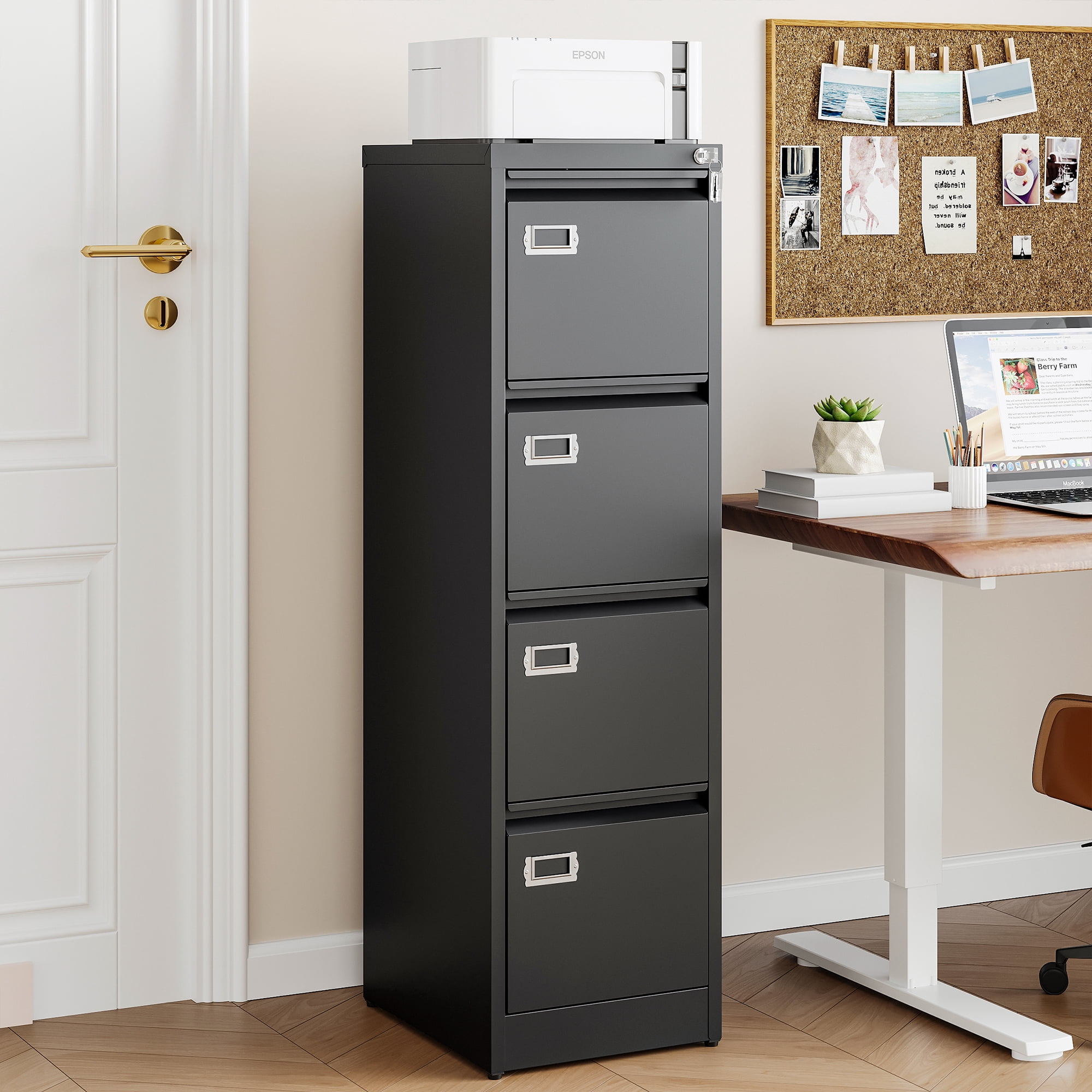 AUHUP 4 Drawer Metal File Cabinet with Lock, Black Vertical Filing Storage Cabinet for Home Office