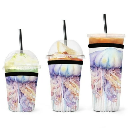

Set of 3 Packs Reusable Hot And Iced Coffee Cup Sleeve Neoprene Tumbler Sleeve Watercolor Jellyfish Cute(16 24 32oz)