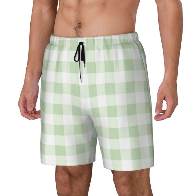 Kdxio Green Checkboard Print Mens Swim Shorts with Mesh Lining, Breathable and Quick-Drying, Adjustable Waist, Privacy Pocket-3X-Large