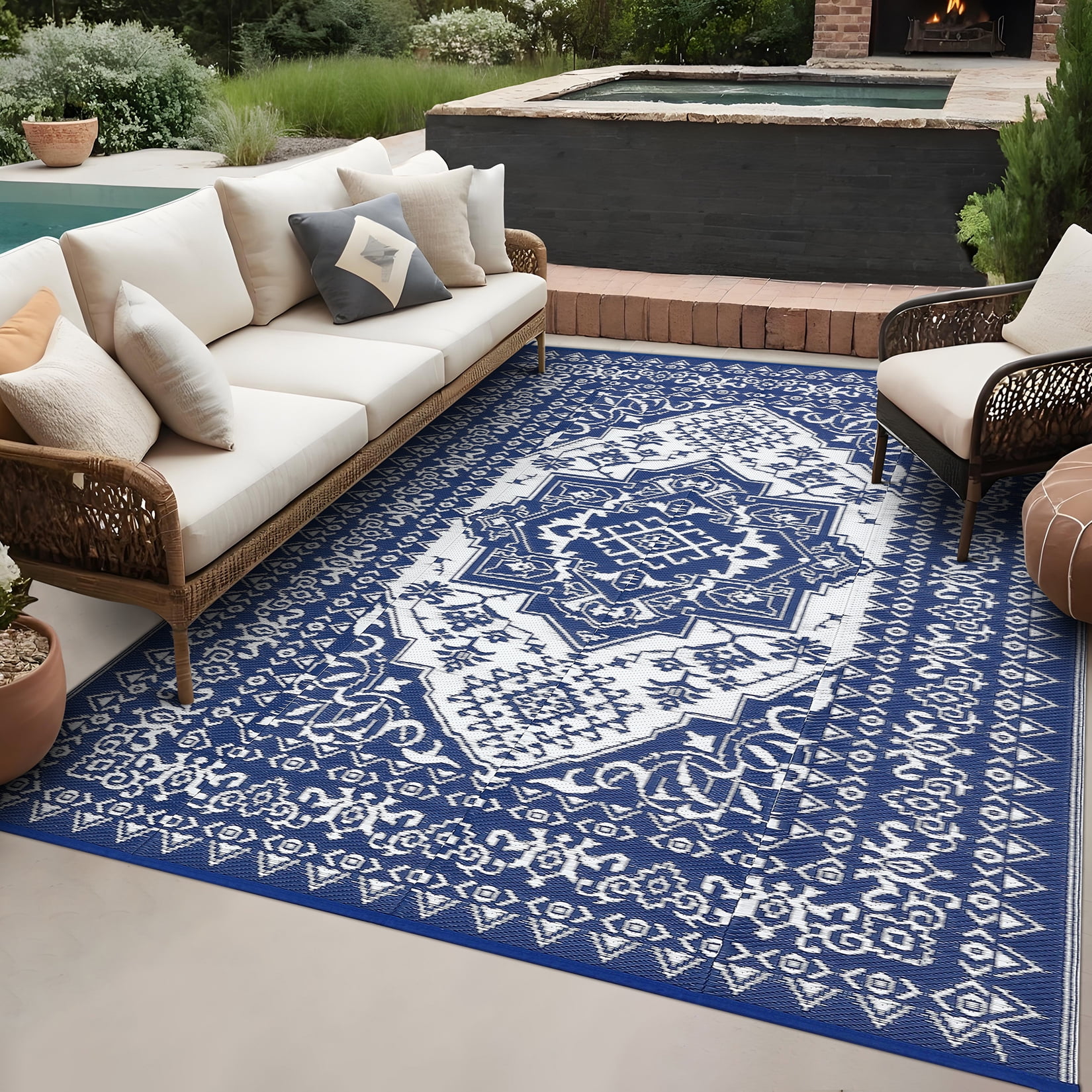 Haperlare 9x18ft Boho Outdoor Rugs Waterproof Reversible Plastic Straw Rug, Large Vintage Medallion RV Camping Carpet  for Deck, Picnic, Beach, Pool, Garden, Dark Blue and White