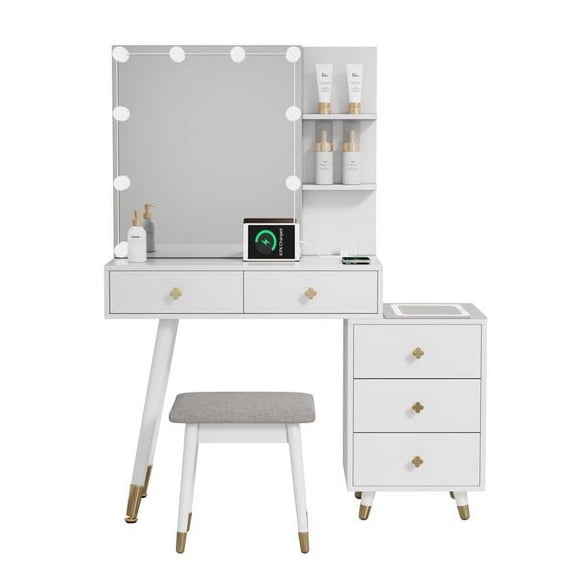 FCH Pitted Particle Board With Triamine Coating  Solid Wood Legs With Copper Sheath Decoration  5 Drawers  2-Layer Shelf  Mirror Cabinet With Strips  Led Three-Tone Lighting Panel  Three-