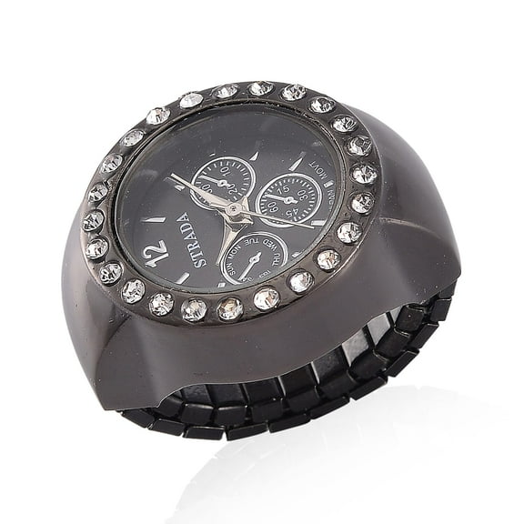 Strada  Crystal Japanese Movement Ring Watch in ION Plated Black Stainless Steel Size 57 Christmas Gifts