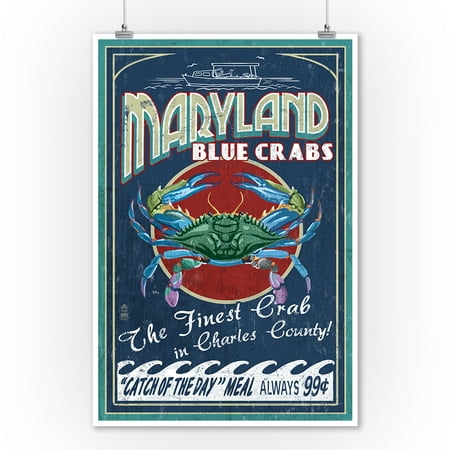 - Charles County, Maryland - Blue Crab Vintage Sign - Lantern Press Poster (9x12 Art Print, Wall Decor Travel Poster)