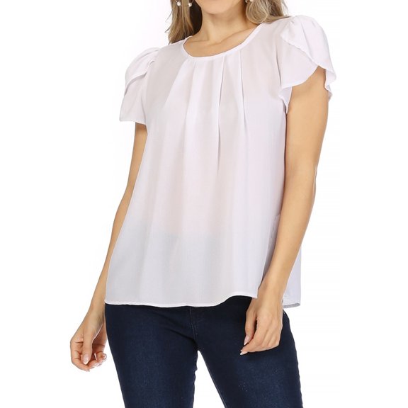 Women's Casual Solid Pleated Front Petal Cap Sleeve Round Neck Tee Blouse Top
