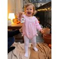thumbnail image 4 of RUINIXCW Newborn Baby Girl Halloween Outfit Smocked Bubble Romper Infant Baby Fall Clothes Ghost Embroidery Side Bow Pink Striped Long Sleeve Bodysuit, 4 of 9