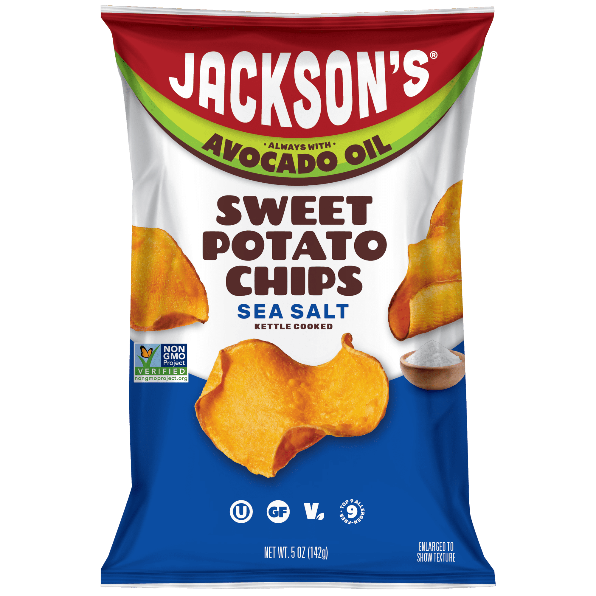 Jackson's Sweet Potato Kettle Chips with Sea Salt, Avocado Oil, Free of Top 9 Allergens, 5 oz