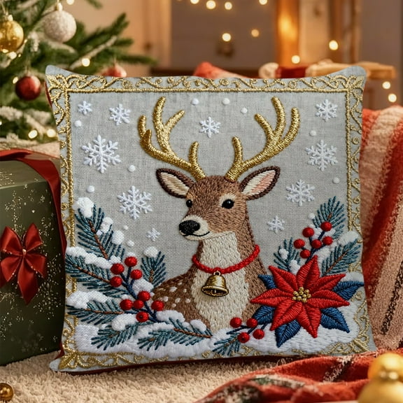 HCBY Red Christmas Throw Pillow Covers, Gift Box Santa Bells Xmas stocking Snowman & Elk Designs, Short Plush Single-Sided Printed Xmas Pillowcase for Couch Home Decor 18x18 Inch