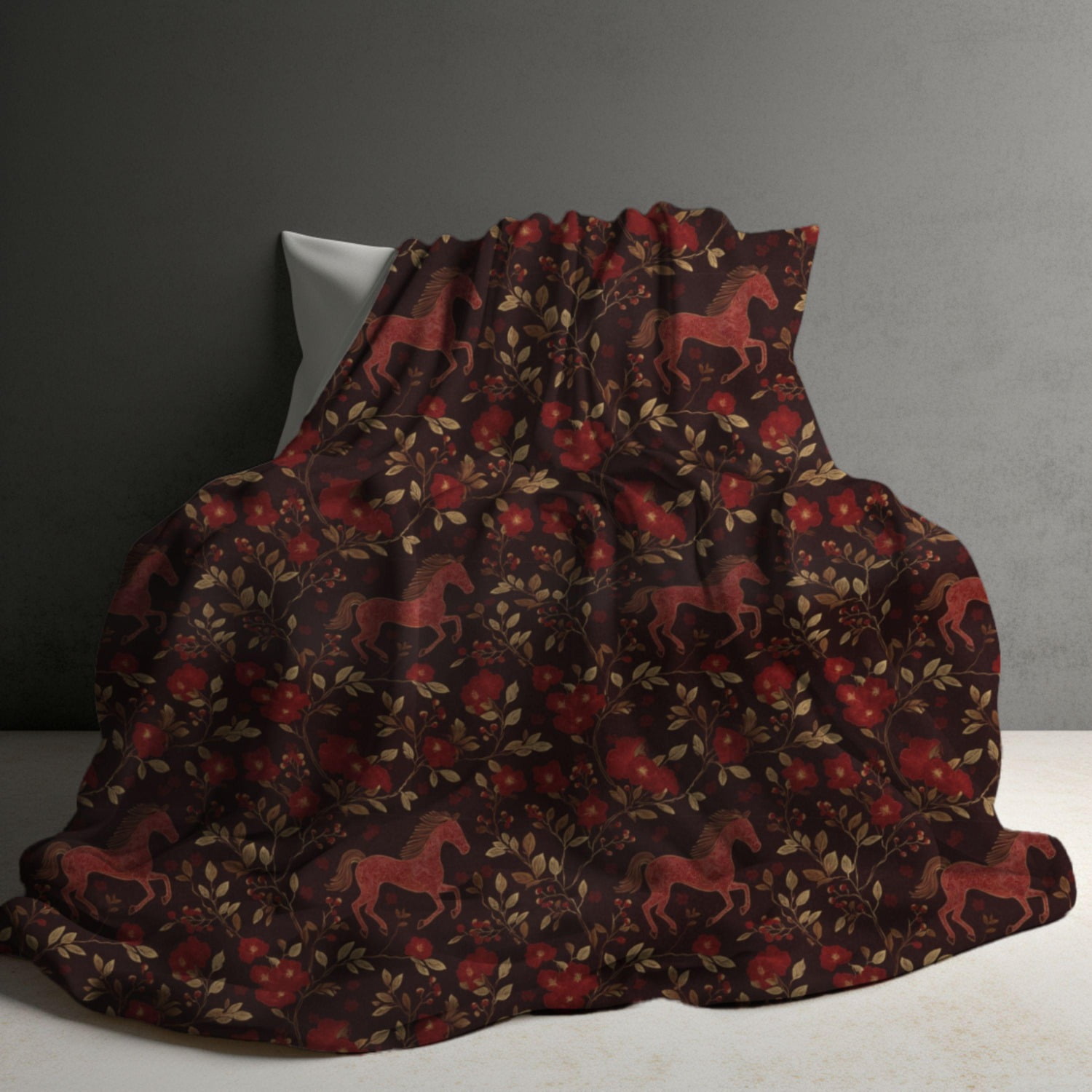 Running Horse and Red Floral Dark Brown, Printed Polyester Fleece Throw Blanket, 280 GSM, for Couch and Guest Room