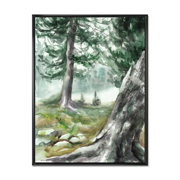 Pine Forest In The Early Morning Glow 12 in x 20 in Framed Painting Canvas Art Print, by Designart
