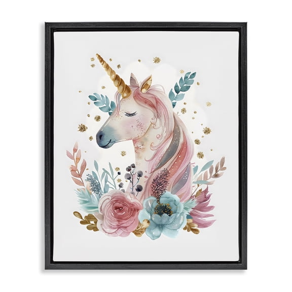 Stupell Industries Shabby Chic Floral Unicorn with Gold Details Black Floating Frame Canvas Art, 17 x 21, by LSR Design Studio