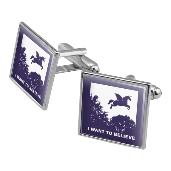 I Want to Believe Unicorn UFO Funny Humor Square Cufflink Set - Silver or Gold