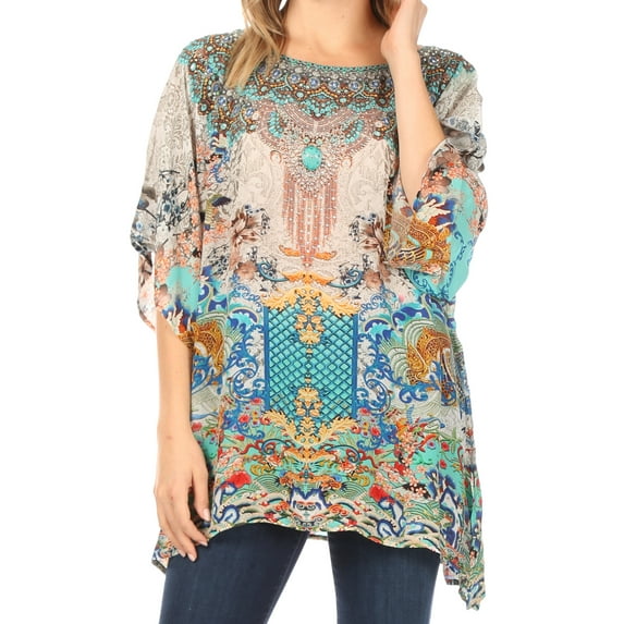 Sakkas Ella Women's Casual Short Sleeve Boxy Trendy Print Boho Blouse Top Tunic - 464 - One Size