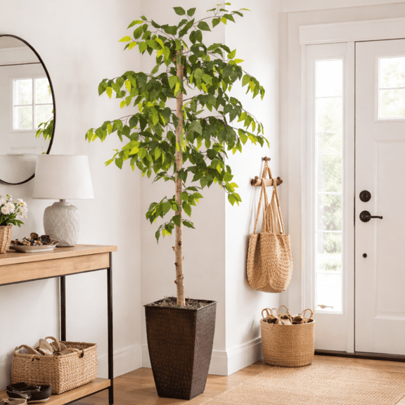 Artificial Tree, 6ft Artificial Designer Ficus Tree in a Copper Embossed Metal Pot by LCG Florals, Faux Designer Fake Indoor Tree for Living Room, Office, and Home Décor