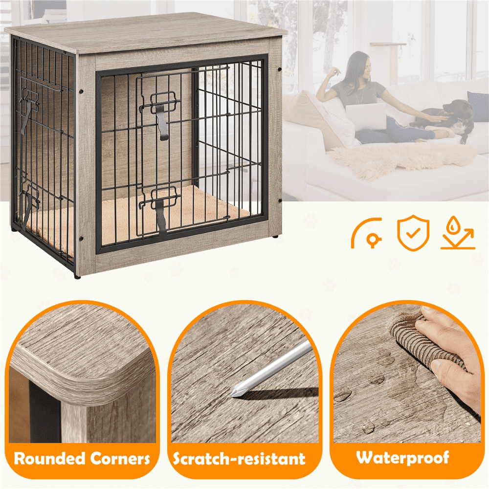 Yaheetech 27.5"W Dog Crate Furniture with Anti Skid Plush Mat, Gray