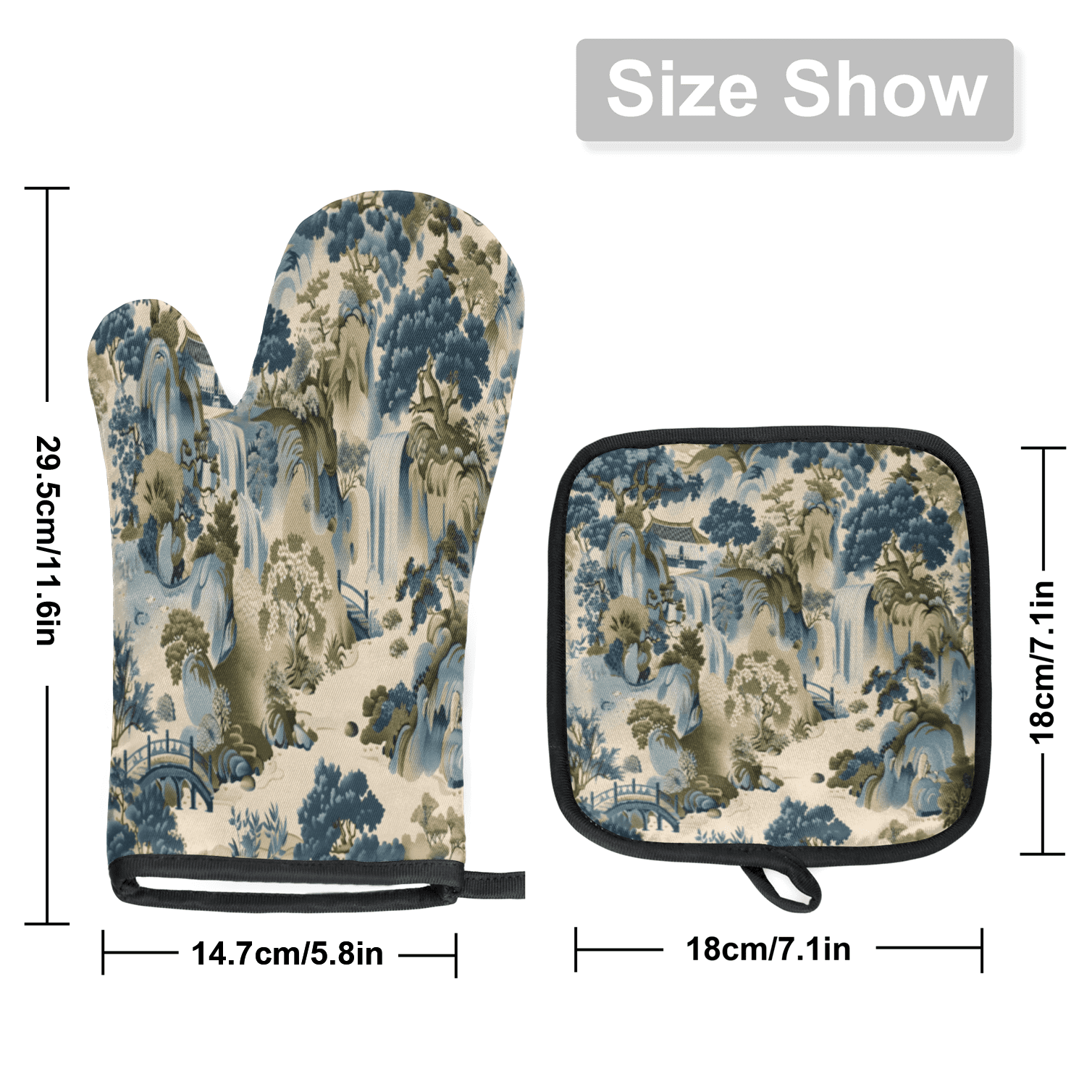 CURLYOOT Japanese Print Traditional Oven Mitts and Pot Holders Sets of 2, Non-Slip Washable Hot Pads and Oven Gloves for Kitchen Cooking Baking