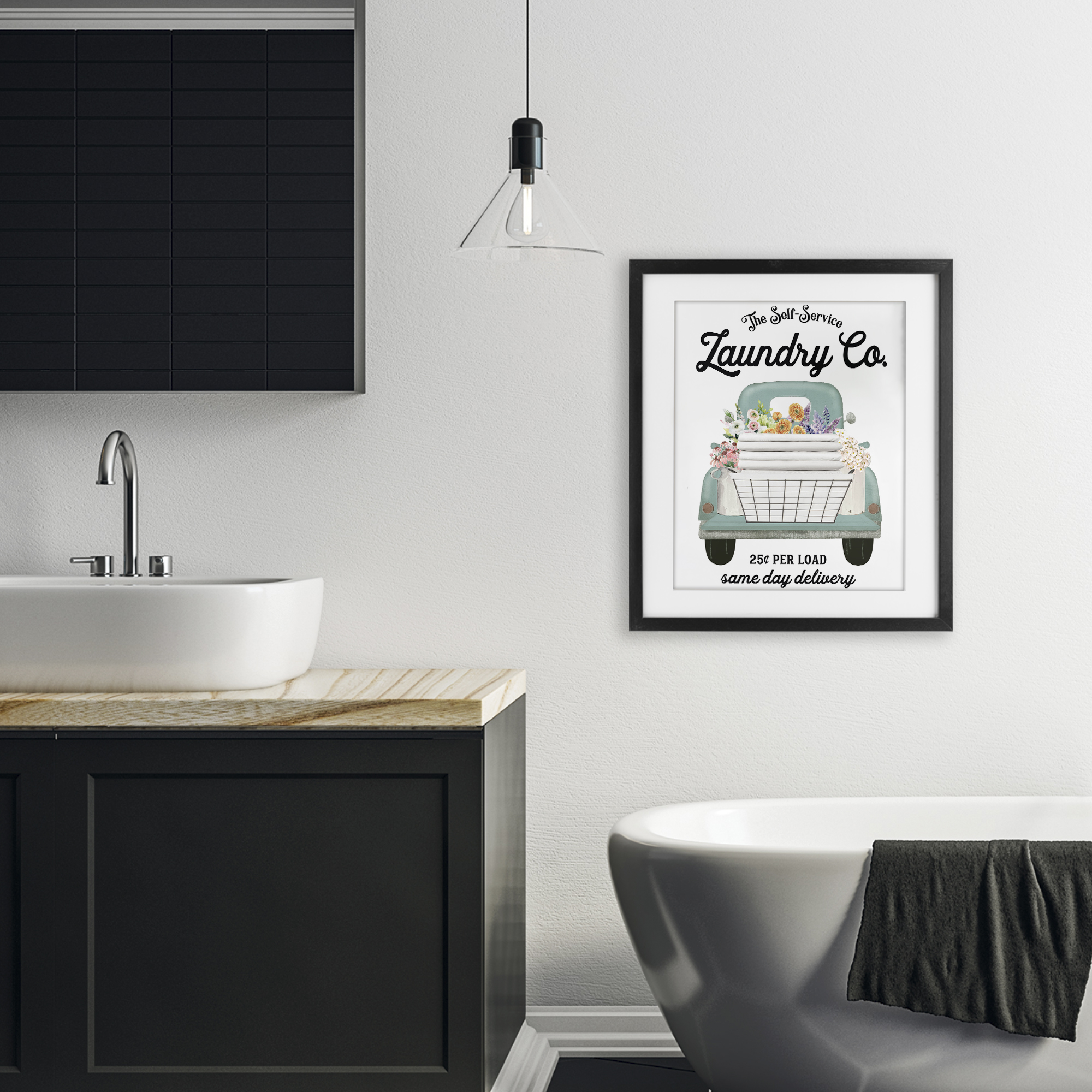 Laundry Delivery Truck Black Framed Print Under Glass, design by Lettered and Lined