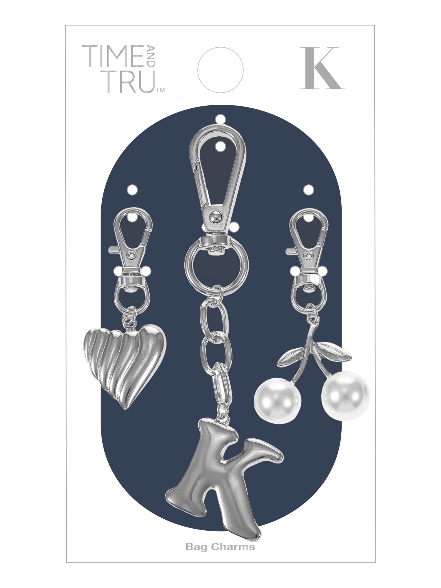 Time and Tru Silvertone Initial Letter Bag Charm Set, 3 Pieces, Letter K