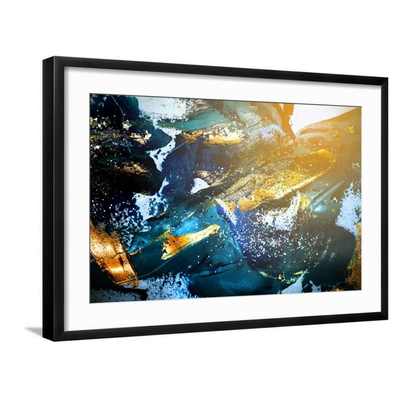 Art.com Very Beautiful Art. Abstract Background. Blue and Gold Paint. Golden Sequins Art Print by CARACOLLA, Black Frame Wall Art, 29" x 21"