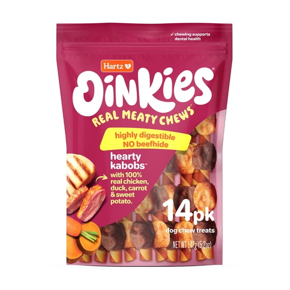 Hartz Oinkies Hearty Kabobs Rawhide‑Free Dog Treats with Chicken, Duck, Sweet Potato, and Carrot, Highly Digestible Dog Chews, 14 Count