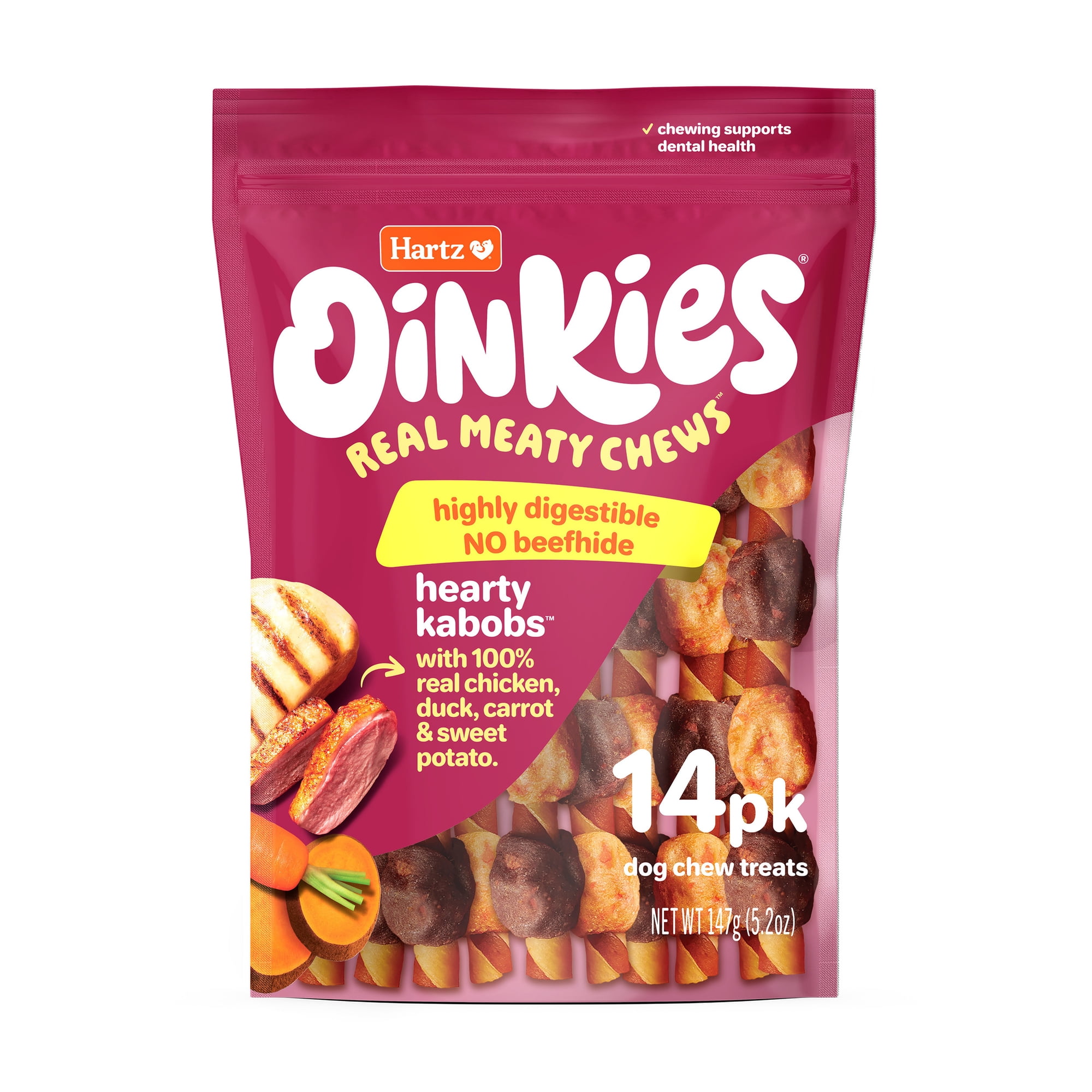 Hartz Oinkies Hearty Kabobs Rawhide‑Free Dog Treats with Chicken, Duck, Sweet Potato, and Carrot, Highly Digestible Dog Chews, 14 Count