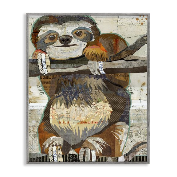 Stupell Industries Eclectic Smiling Sloth Patchwork Collage Jungle Animal Portrait Gray Framed Giclee Art, 11 x 14, by Traci Anderson