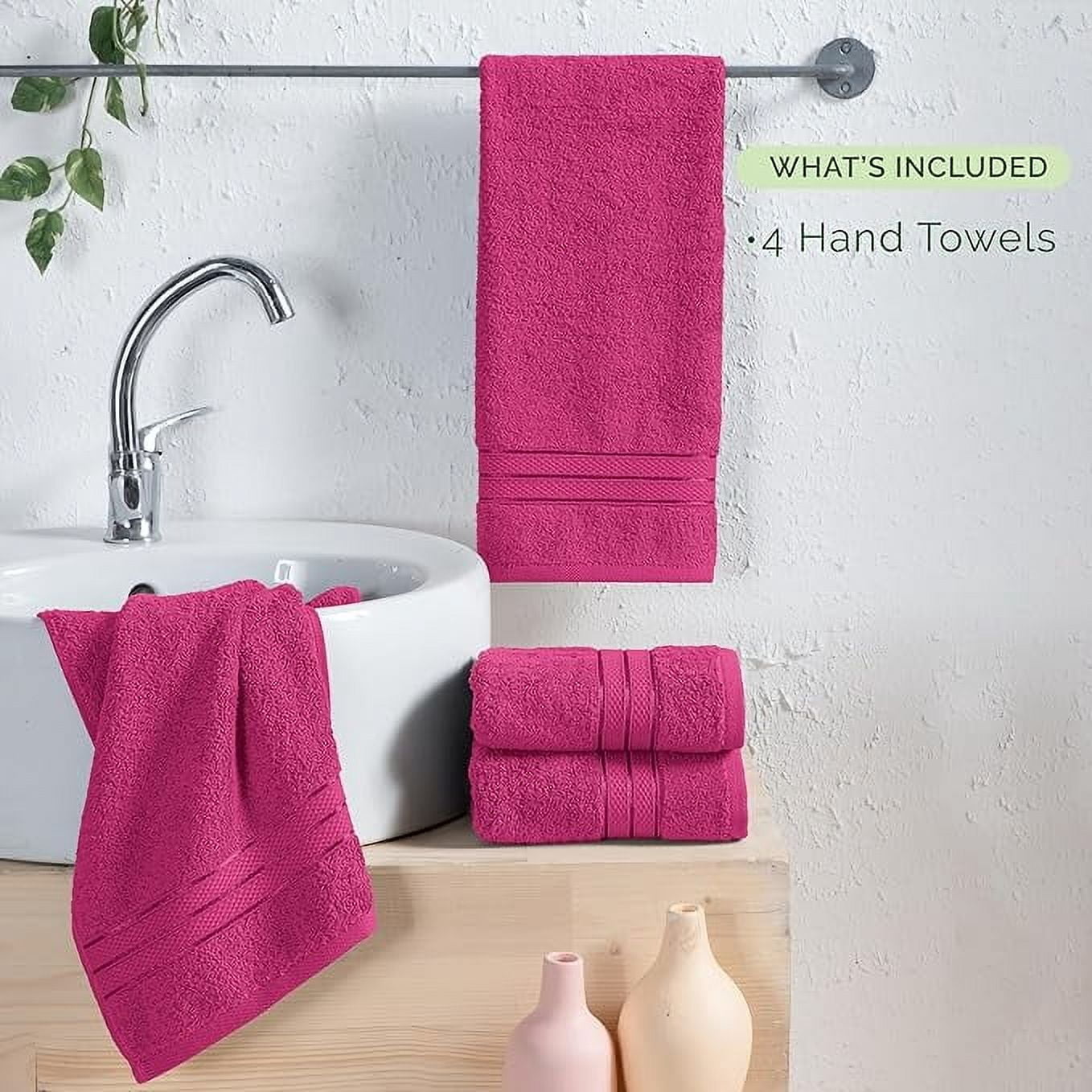 Elegant Comfort 4-Pack Hand Towels Set - Three Line Popcorn Design, Hotel Quality, 16 x 28 Inches, 100% Turkish Cotton, Soft, Quick-Drying, Highly Absorbent - Hot Pink