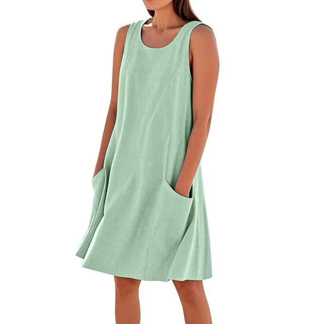 Vestido sin mangas estampado de lino para mujer: largo hasta la rodilla, estampado floral, bolsillos, ropa de verano para la playa.
