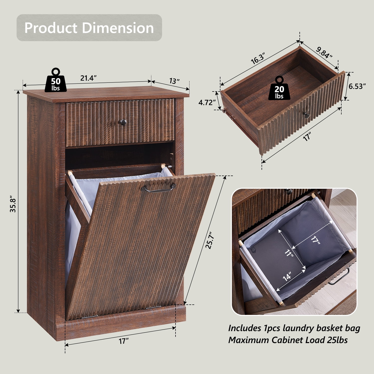 IFGET Fluted Tilt-Out Trash Can Cabinet, 10 Gallon Wood Hidden Garbage Can Cabinets with Storage Drawers, Laundry Hamper Cabinet for Bathroom, Kitchen