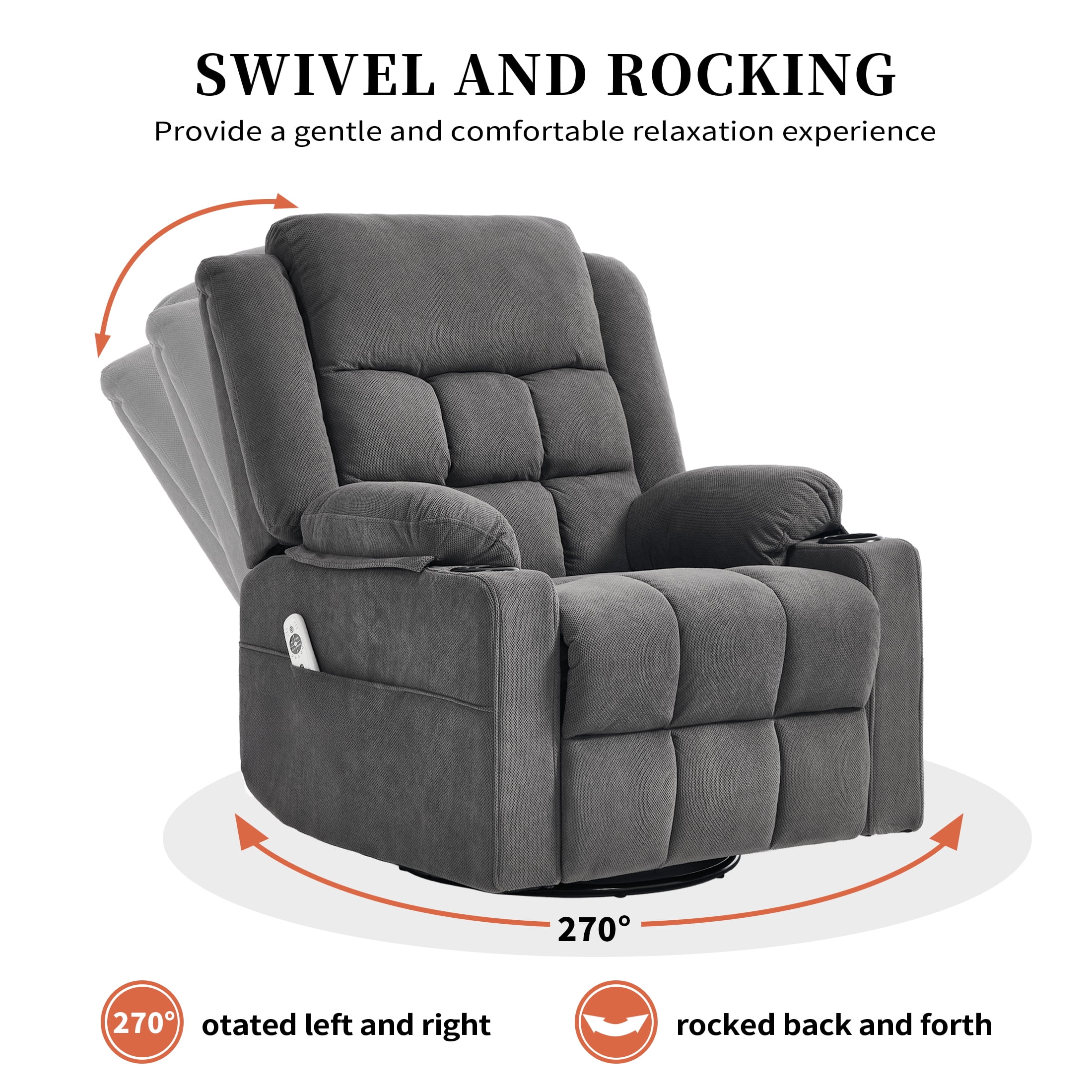 Swivel Rocker Recliner Chair for Adults with Massage and Heat, Cup Holders and Side Pockets, Glider Rocking Reclining Single Sofa Chair for Living Room (Dark Grey)