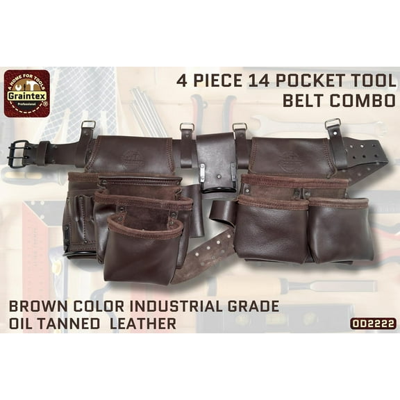 Premium Oil Tanned Leather Tool Belt with 10 Pockets for Construction, Electricians, Plumbers