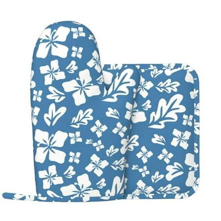 

Blue White Flower Oven Mitts and Pot Holders Sets with 1 Non-Slip Left Silicone Oven Mitts and 1 Heatproof Insulated Hot Pads for Kitchen Use in Cooking Baking Grilling