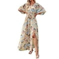 thumbnail image 4 of Fesfesfes Clearance Women Dress Casual Half Sleeve Boho Printed V-Neck Split With Belt Dresses, 4 of 8