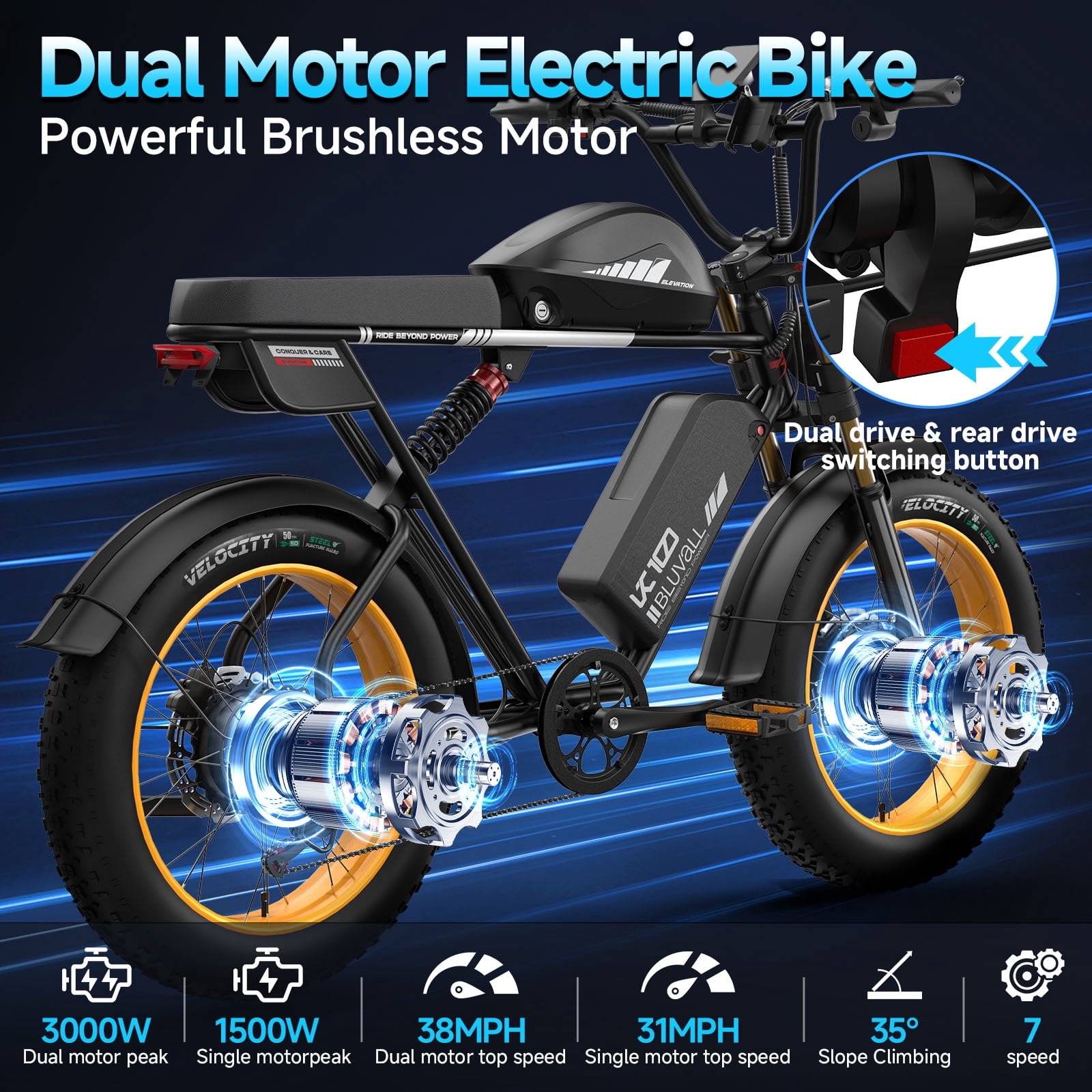 Dual Motor Electric Bike for Adults,52V 43Ah 120 Miles with Dual Hydraulic Brakes & Suspension All Terrain Ebike,3000W 35MPH Fast E-Bike,AWD Fat Tire Electric Bicycle UL2849