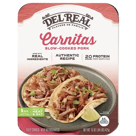Del Real Foods Slow Cooked Pork Carnitas, 15 oz ( Fully Cooked)