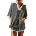 thumbnail image 3 of Womens Sweater Set 2 Piece Outfits Oversized 3/4 Sleeve V Neck Knit Tops High Waisted Shorts Lounge Sets, 3 of 8