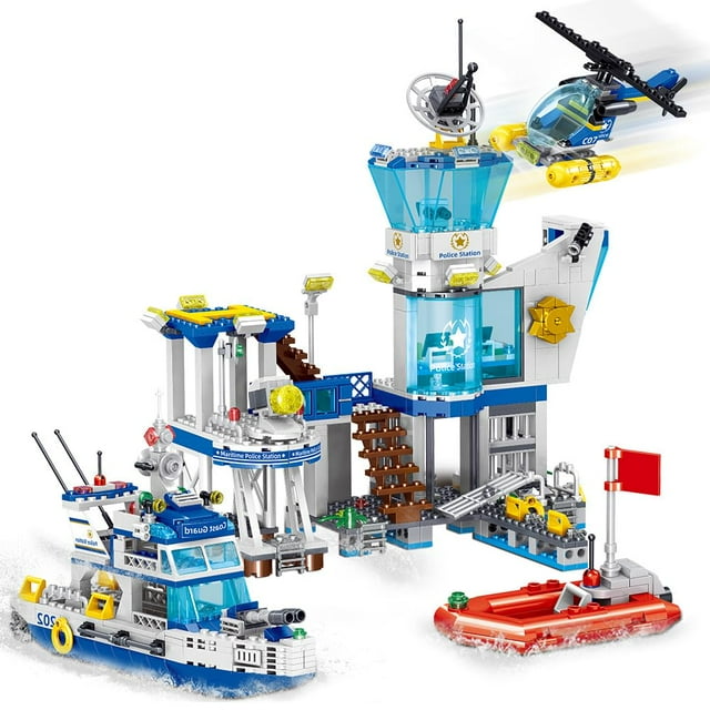 Set de bloques de construcción para comisarías de policía, 800 piezas, con barco, barco y helicóptero
