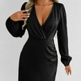 thumbnail image 6 of Levmjia Womens Dress V Neck Satin Long Sleeve Tunic Tiered Ruffle Solid Color Elegant Casual Semi Formal Comfortable Polyester Party Vacation Outfits, 6 of 8