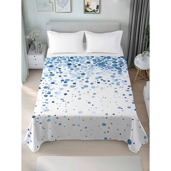 Blue Polka Dot Queen Size Flat Sheet, Wrinkleproof & Fadeproof Cooling Flat Bed Sheet Only, Abstract Modern Art Dots Watercolor Breathable Soft Bedding Top Sheets 90 x 102 Inches