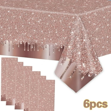 Morttic 6Pack Rose Gold Plastic Tablecloth, 54x108inch Sequin Printed Glitter Table Cover, Rectangle Disposable Tablecloths for Wedding Christmas Graduation Birthday Party Decorations