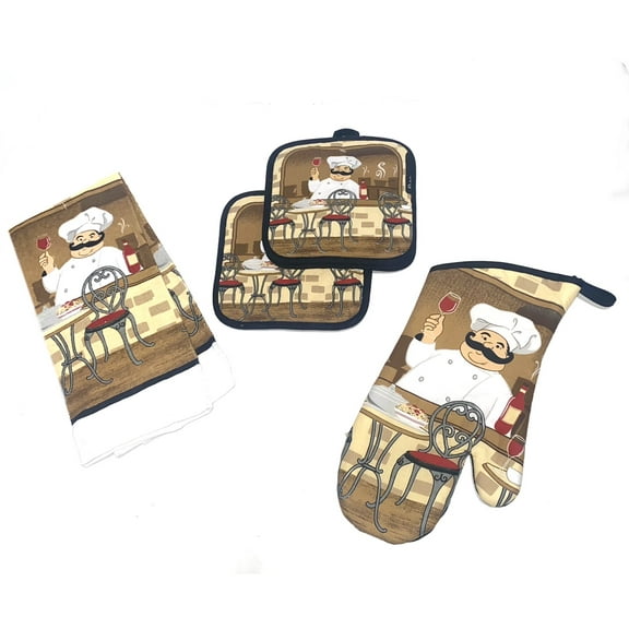 Italian Fat Chef Wine Pasta Oven Mitt, Towel and Pot Holder Set