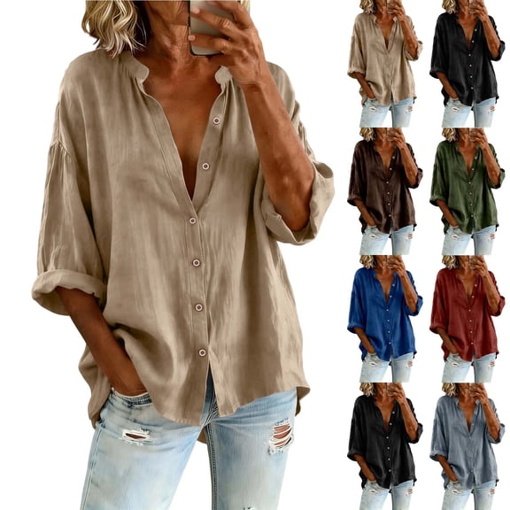Kinrui Womens Casual Button Down Shirts Loose Long Sleeve Deep V Neck Collarless Plain Blouses Business Office Tunic Tops Blue S